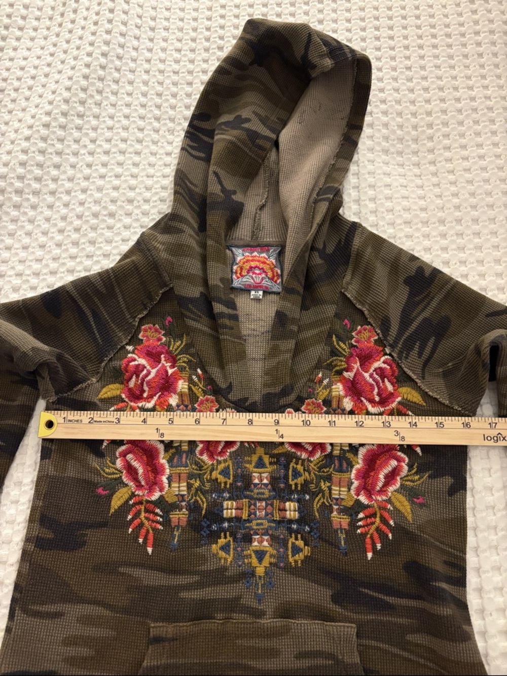 Johnny Was Olive Camo Waffle-Knit Hoodie with Pink Floral Embroidery BOHO SZ XS - Picture 5 of 6